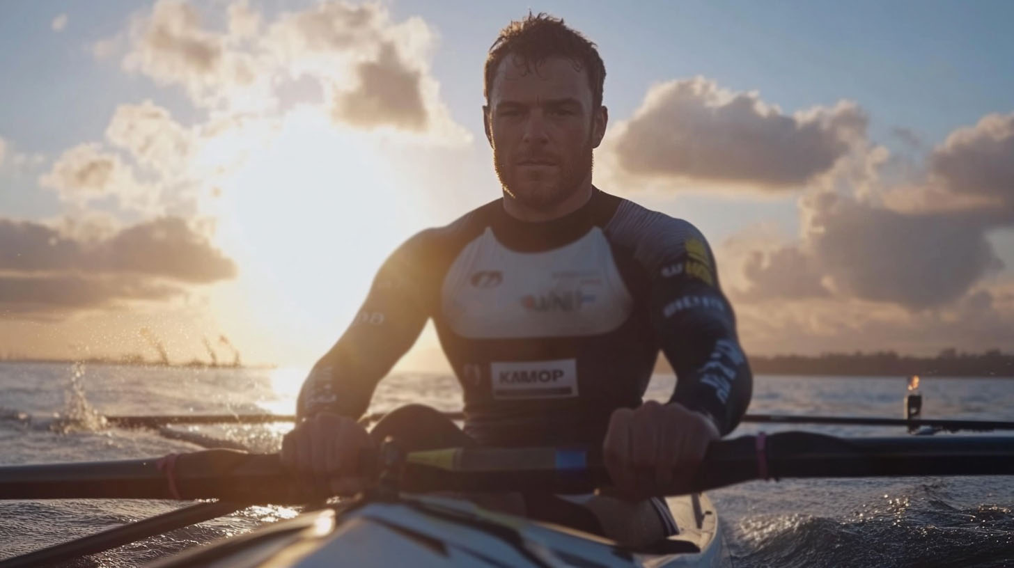 Close-up of a determined rower during sunrise, rowing through calm waters