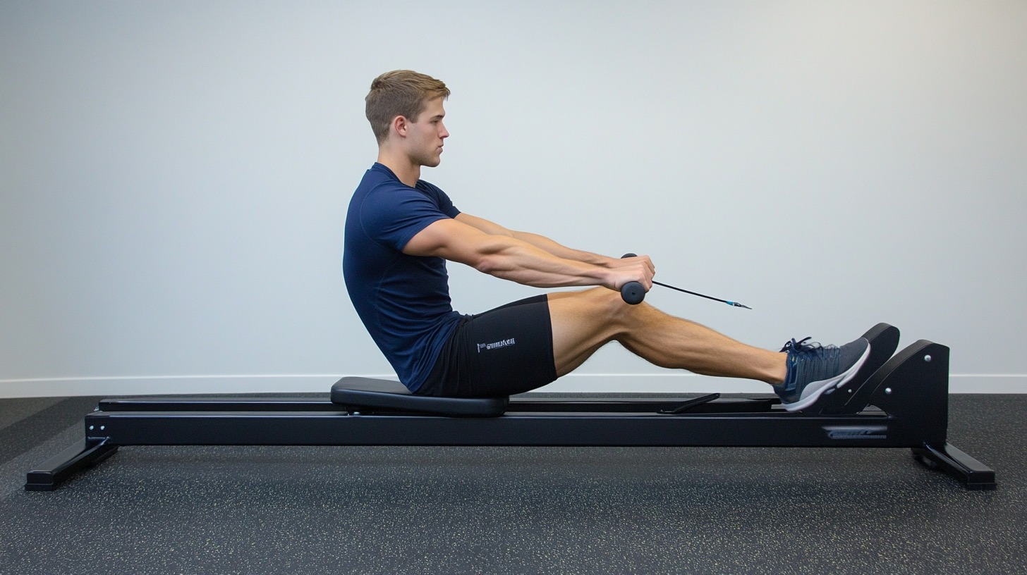 A man in a blue shirt demonstrates proper rowing machine form in a gym setting