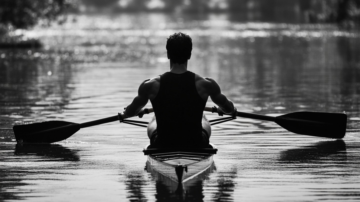 A man rowing on a calm lake, seen from behind in black and white, showcasing strong back muscles