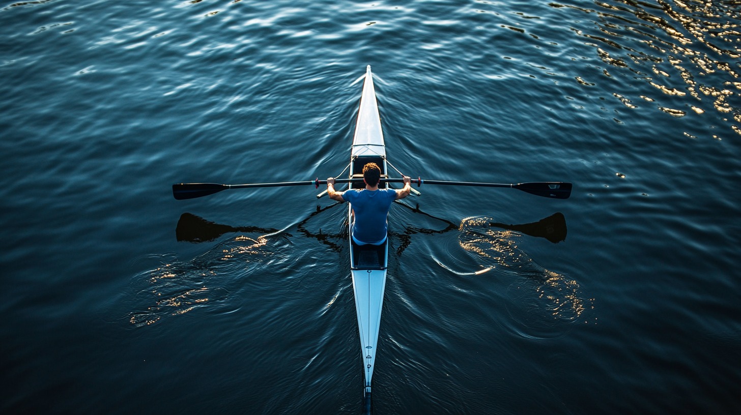 Overhead view of a rower in a single scull boat on calm, reflective water